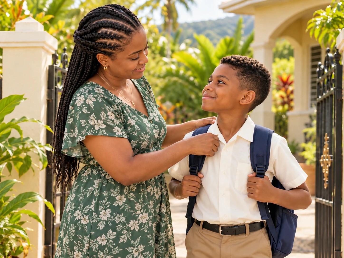A mother helping her son prepare for school